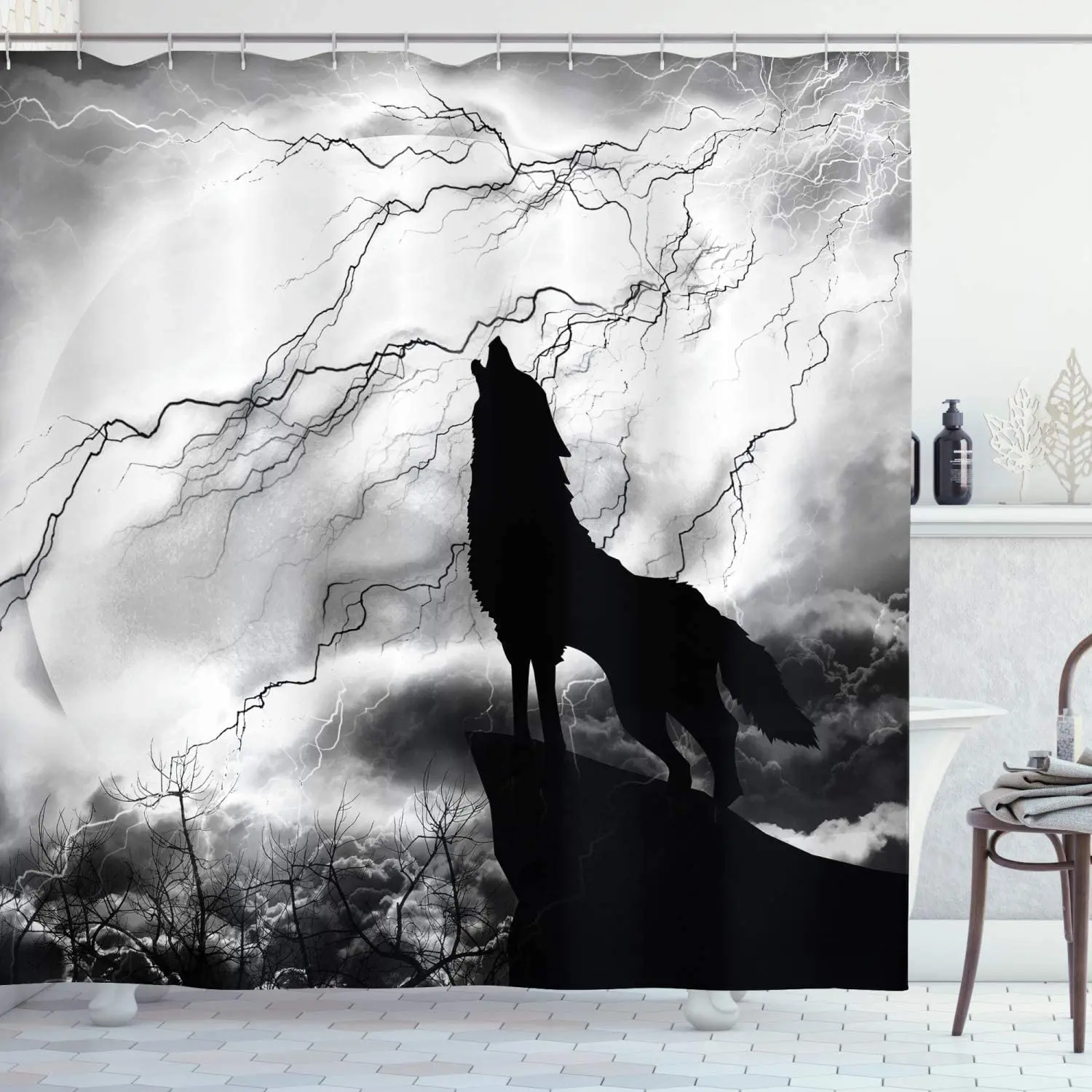 

Wolf Shower Curtain, Howling Animal Silhouette on a Cliff Under Full Moon Dramatic Sky, Cloth Fabric Bathroom Decor Set Hooks