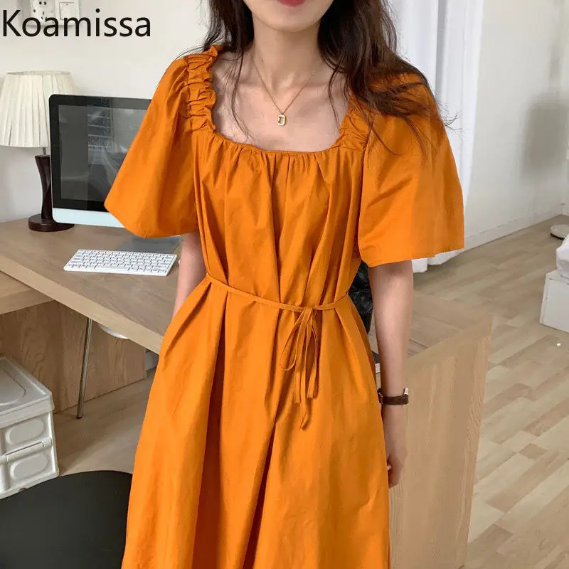 

Koamissa Casual Loose Women Fashion Solid Maxi Dress Summer Lady Chic Kroean Square Collar A Line Dresses 2022 New Vestidos