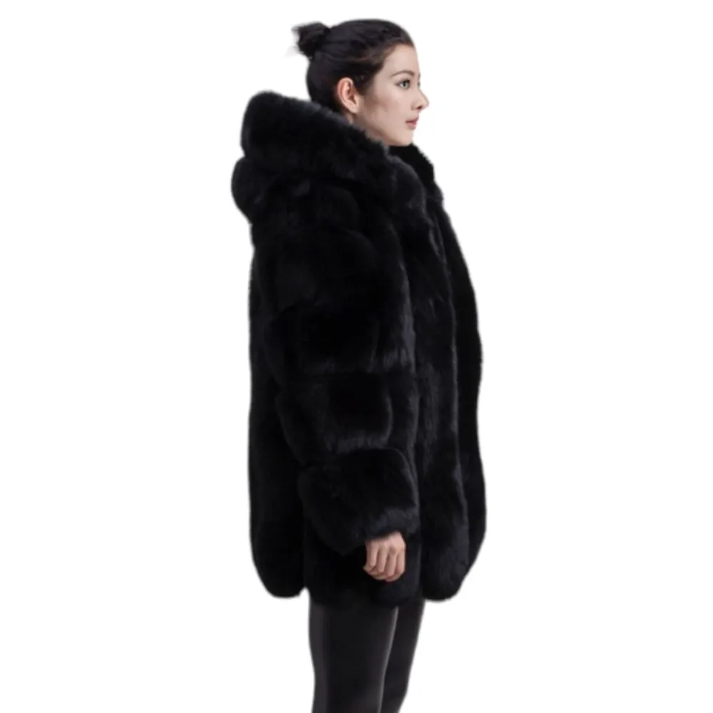 Women's Winter Warm Real Fox Fur Hooded Coat Luxury Long Sleeves Fur Jacket Ladies High Quality Fluffy Natural Fur New Outerwear