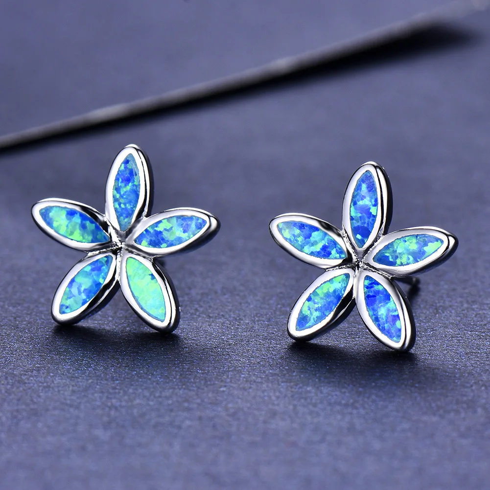 

Blue/White Opal Five Flower Stud Earrings Brincos Women Christmas Gifts Jewelry