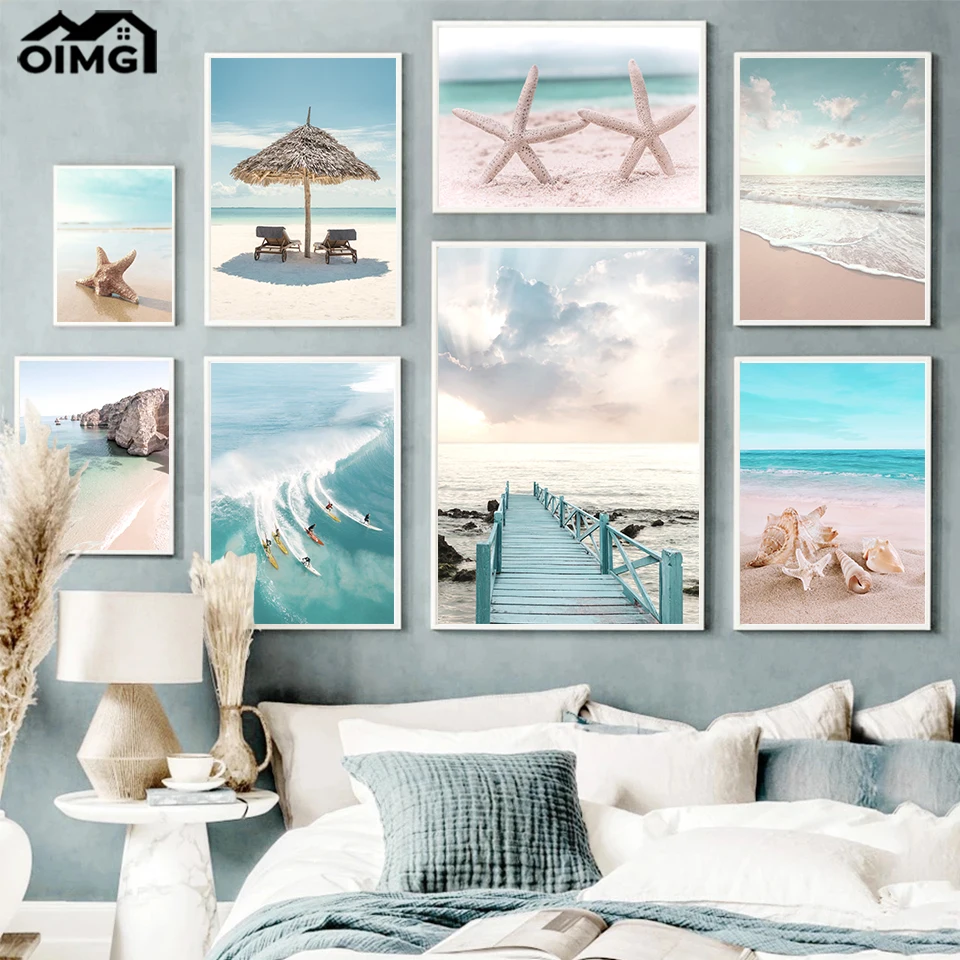 

Sunrise Jetty Surfing Posters Beach Umberlla Painting Waves Starfish Conch Canvas Prints Wall Art Sea Photography Home Decor