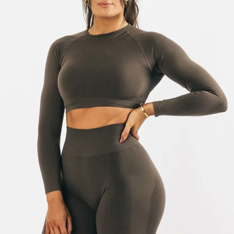 Seamless Yoga Set for Women Crop Top Long Sleeves Leggings 2 Two Piece Fitness Outfit Workout Sets Sport Wear Gym Clothes Suits