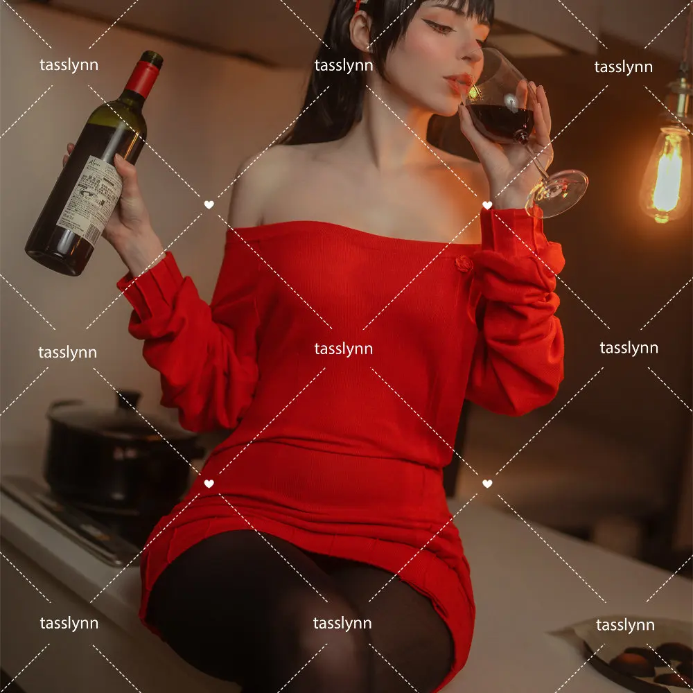 Женский костюм для косплея х семья красный свитер длинный парик серьги головной