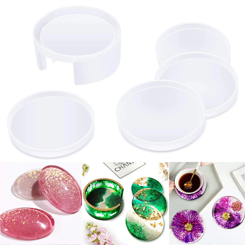 

5Pcs Coaster Molds For Resin Casting Silicone Non-Toxic Round Coaster Mold Set With Storage Box Mold For Cup Mat DIY Tools