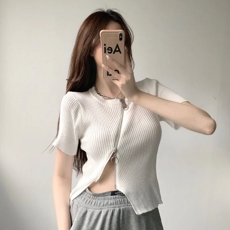 

Sexy two-way zipper solid color short-sleeved knitted cardigan blouse