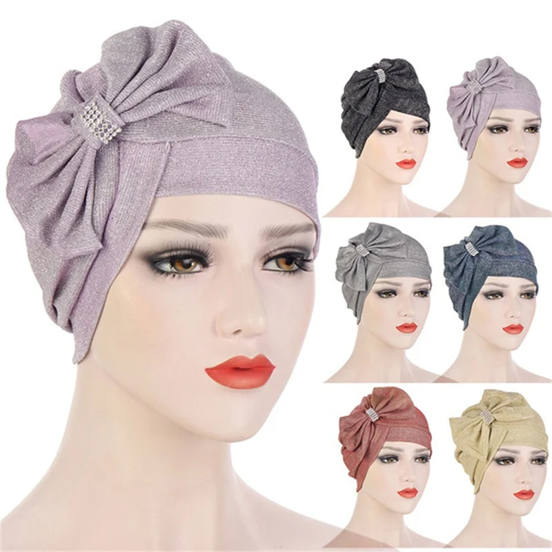 

2022 New Multicolor Glitter Bowknot Fashion Turban Hat Cross Forehead Big Bow Diamond-studded Turbans for Women Headwrap Muslim