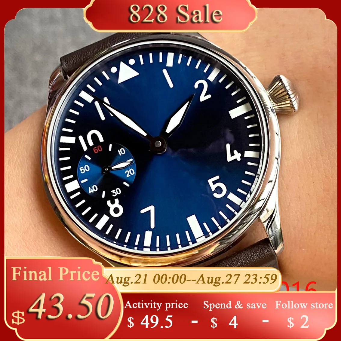 44 мм черный стерильный циферблат светящиеся стрелки 17 драгоценностей 6497 механизм механические мужские часы кожаный ремешок