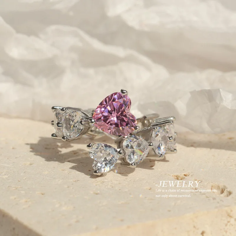 

Luxury Pink Zircon Love Ring Sweet Cool Wind Female Sweet Peach Heart Opening Adjustable Ring Geometric Party Jewelry