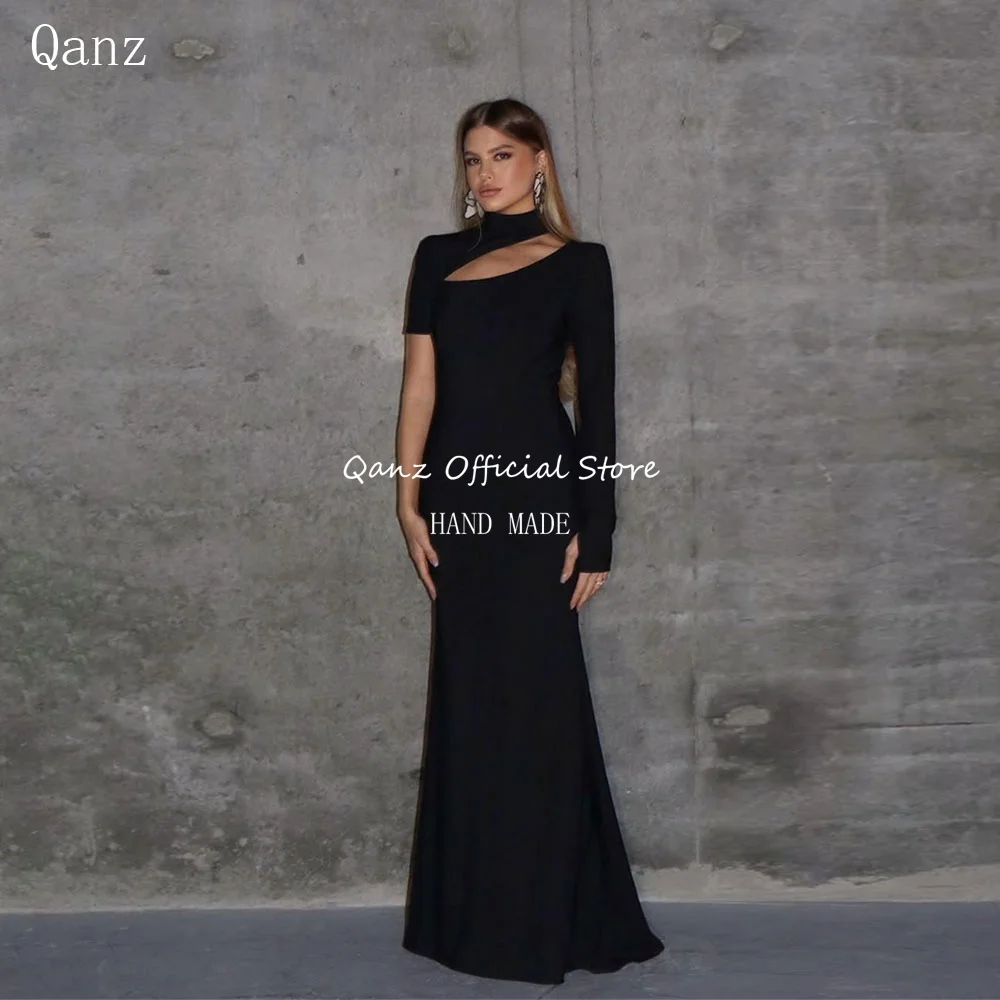 Qanz современные черные вечерние платья на одно плечо атласные русалки 2025 женские