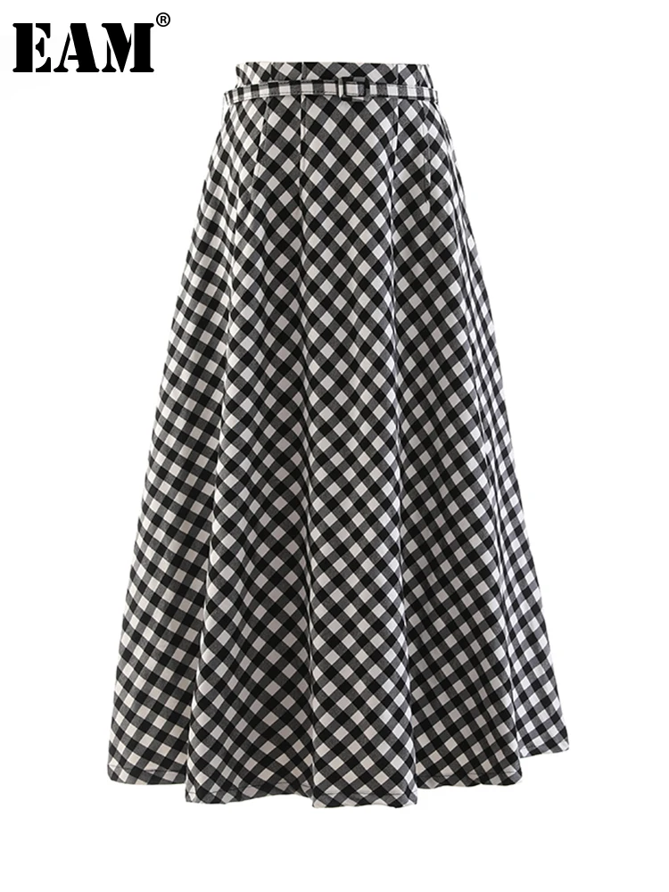 

[EAM] винтажная серая клетчатая элегантная длинная трапециевидная юбка с высокой талией, женская мода, Новинка весна-осень 2022 1DF0801