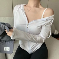 long sleeve zipper up slim t shirt women irregular t shirt hooded pocket outfit fall solid white simple top tee fashion casual