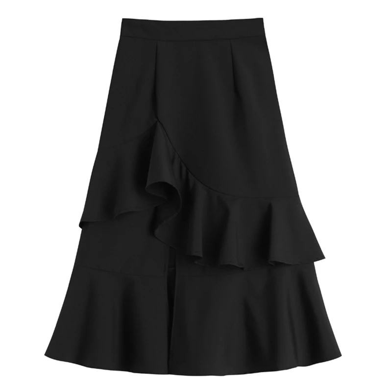 

Summer Dress New Irregular Ruffled Black Skirt Women's Mid-length High Waist Fishtail A Word Bag Hip Skirt Female Design Pleats