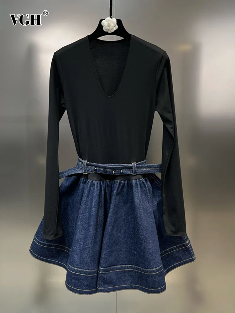 

Женское облегающее джинсовое платье VGH, однотонное ТРАПЕЦИЕВИДНОЕ ПЛАТЬЕ составного кроя с V-образным вырезом, длинным рукавом, высокой талией и поясом, модная новинка
