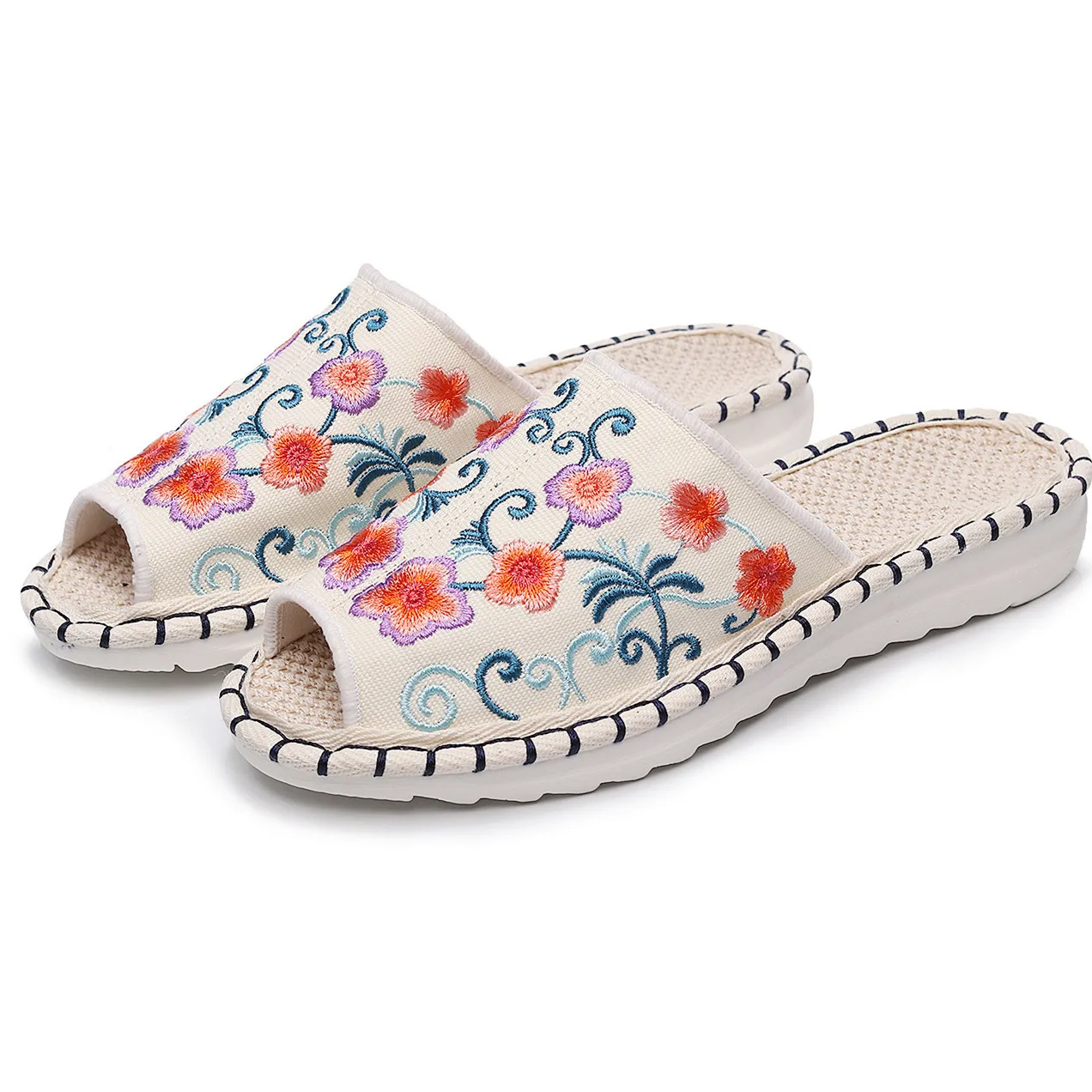 

Ethnic Style Cloth Embroidered Plum Flat Shoes Women's Breathable Lightweight Face Cloth Home Slippers Flip Flops Slides Sandals