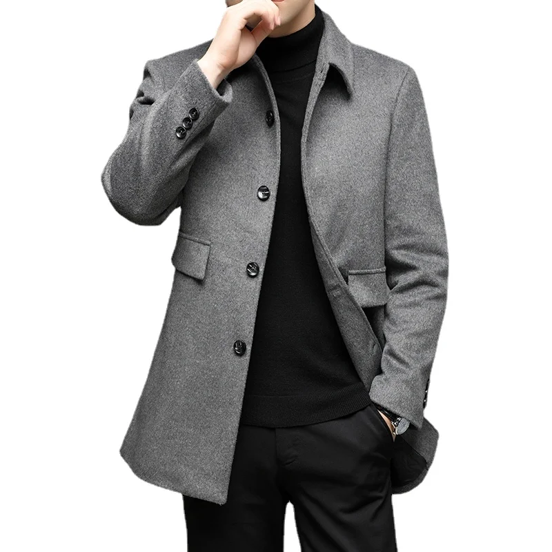 

Autumn and winter new men's mid-length woolen coat/business casual thick high-end single-breasted brand blended coat