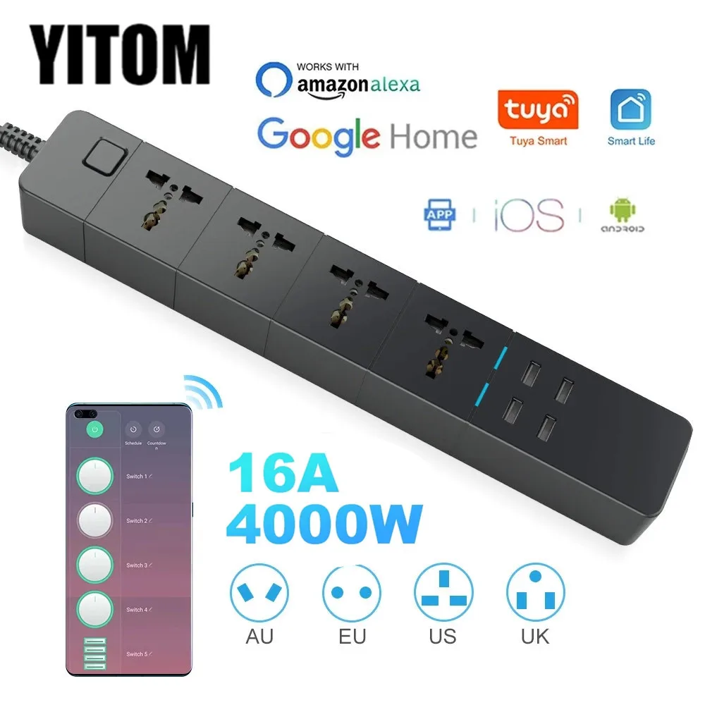 

Smart power strip WIFI Universal 1.8/M/3.0M/5.0M with alexa googlehome multi plug 4 AC Socket 4 USB voice contro UK/EU/US/AU