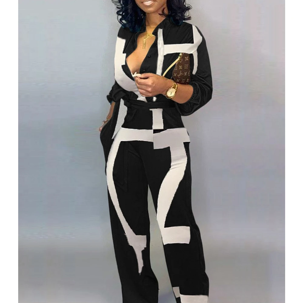 

Wepbel Shirt Tops Hot Sale Printed Jumpsuit V-neck Cardigan Top Jumpsuits Women Long Sleeve High Waist Wide Leg Pants Jumpsuits