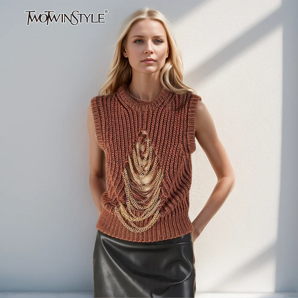 Женский ажурный свитер TWOTWINSTYLE однотонный вязаный жилет с круглым вырезом без