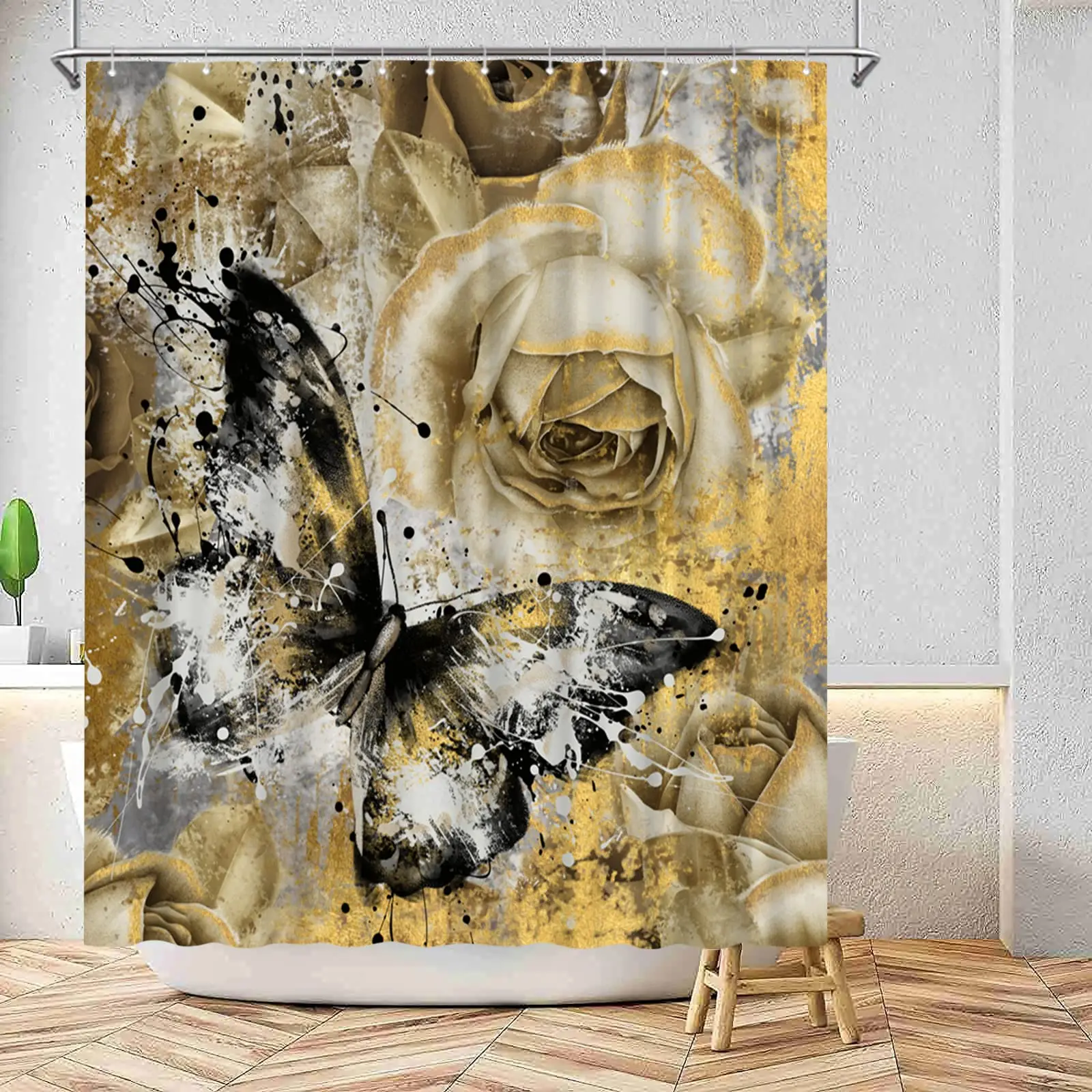 

Shower Curtain, Polyester Fabric Bathroom Shower Curtains Waterproof Bathroom Curtains Set with Hooks Gold Butterflies Black