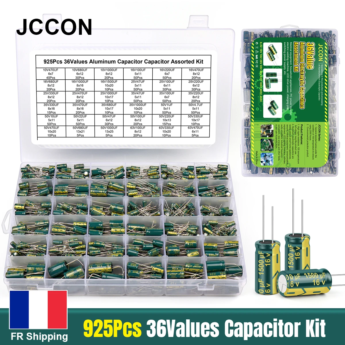JCCON 925Pcs 36Values Aluminum Electrolytic Capacitor Assortment Kit Low ESR 1uF 4.7uF 10uF 22uF 47uF 100uF 220uF 330uF 470uF