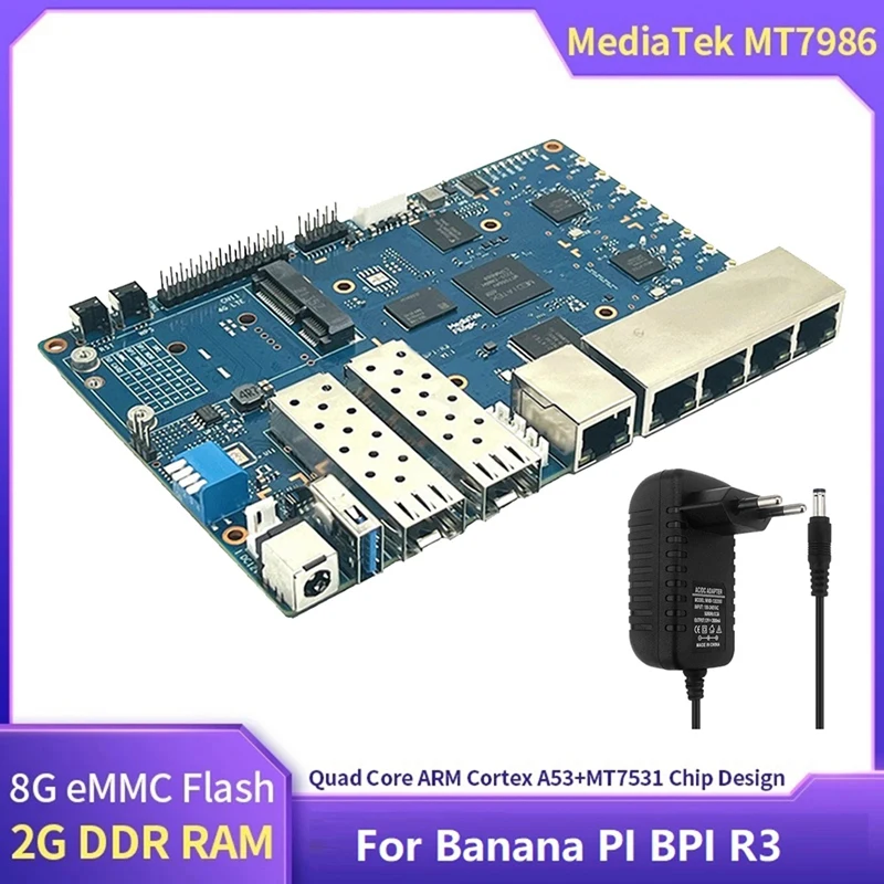 

For Banana PI R3 MT7986 2GB+8GB EMMC 2 SFP 2.5Gbe 5Gbe Interface Open Source Router Development Board With Power