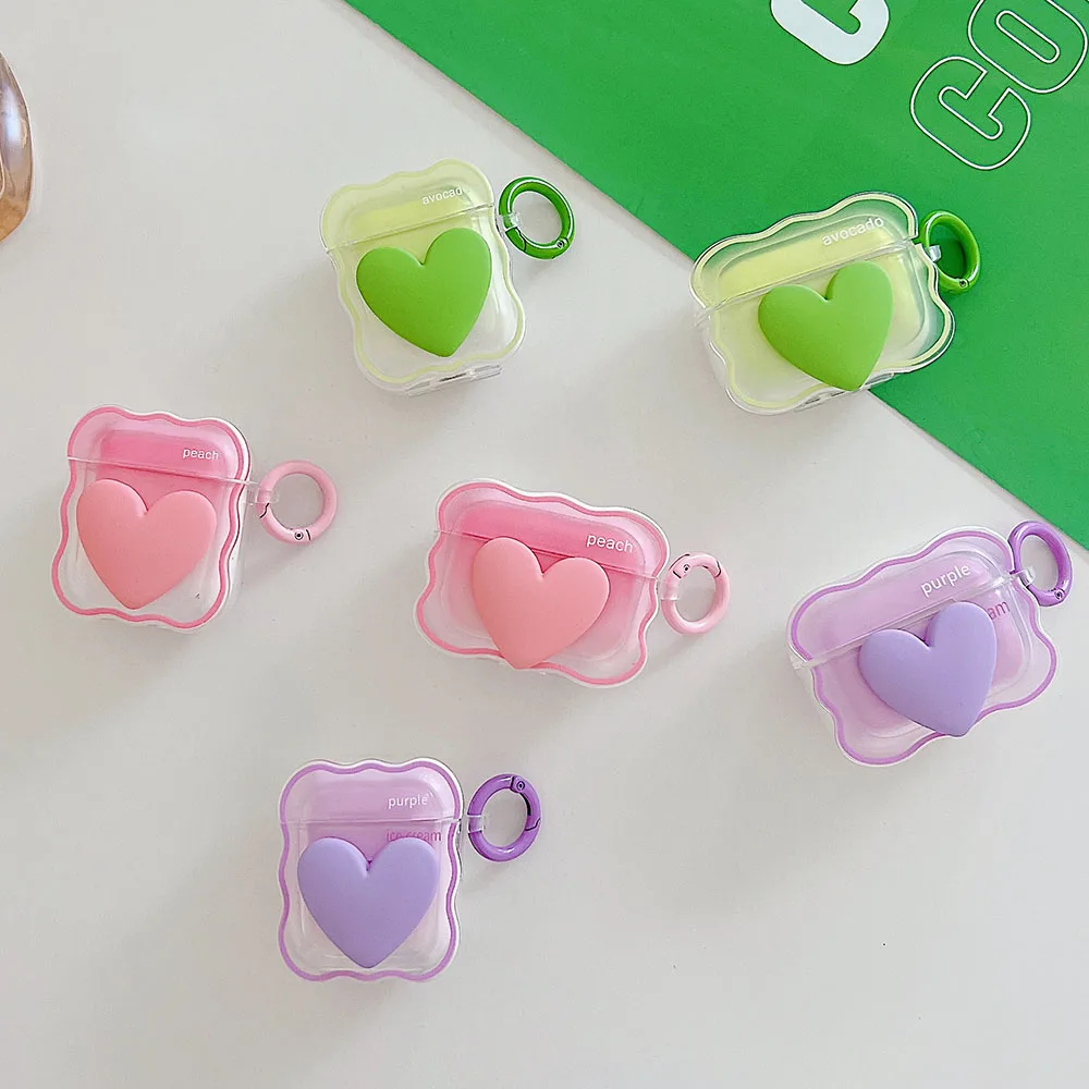 

Gradient Pink Love Heart Case for Apple Airpods Pro 3 2 AirPod Cute 3D Wavy Pattern Design Soft Earphone Protective Cover Hook