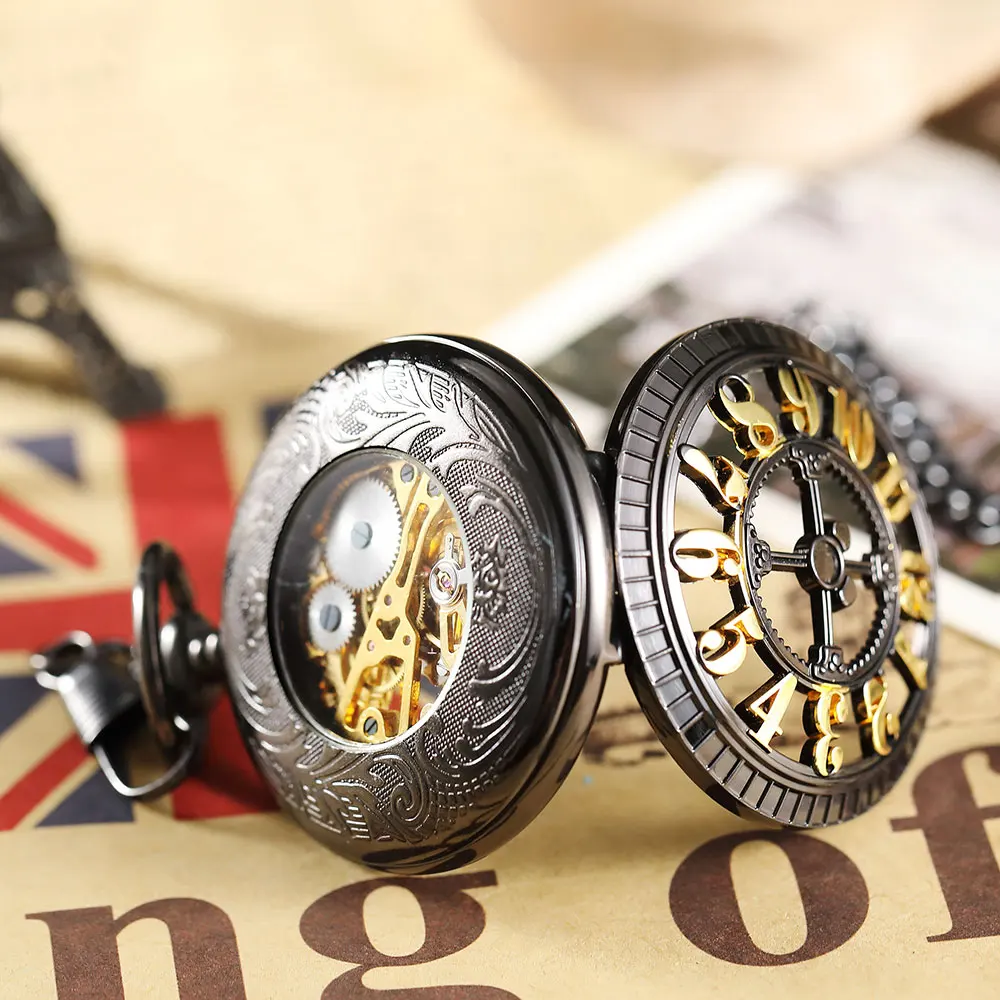 Hand Skeleton Wind Mechanical Pocket Watch Men Women Vintage Big Roman Numerals Hollow Necklace Fob Chain Clock Pendant Black