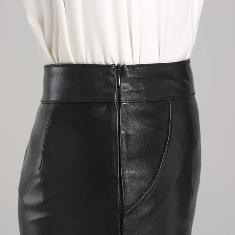 Skinny Spring 100% Sheepskin Genuine Leather Skirts Women Slim Real Leather Sexy Mini Pencil Skirt Female Black Office Lady