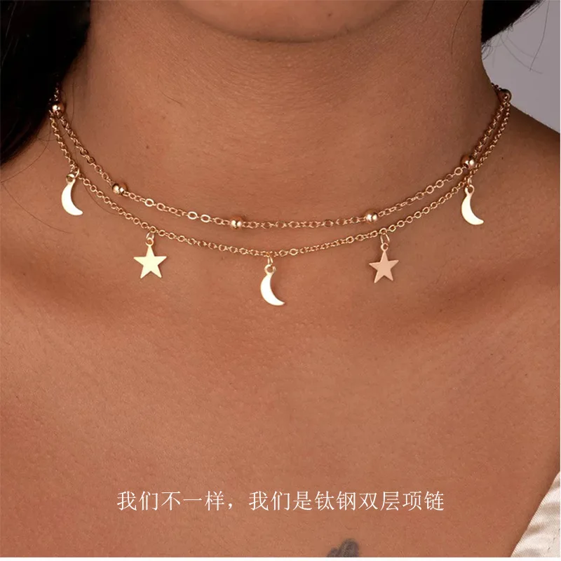 

Layered Star Moon Necklace Stainless Steel Titanium Steel Double Bead Chain Cross Bead Necklace Lock Chain Gold