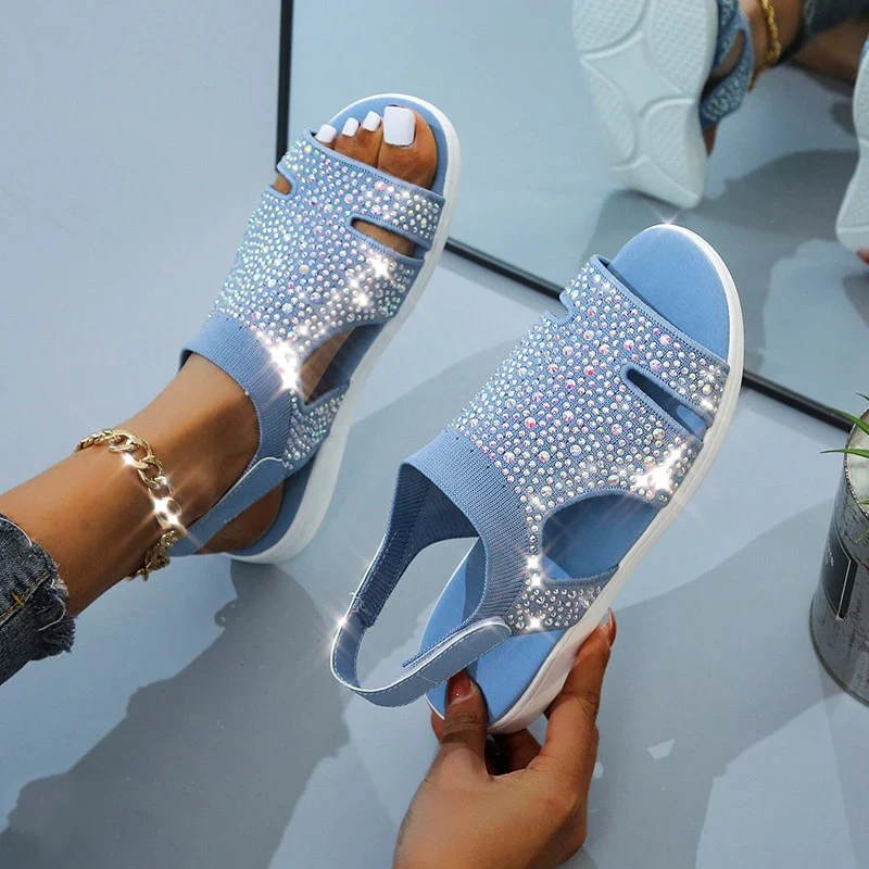 

Summer Women Sandals Fashion Stretch Flying Weave Rhinestone Casual Woman Flats Ladies Beach Shoe 2022 New Big Size Woman Shoes