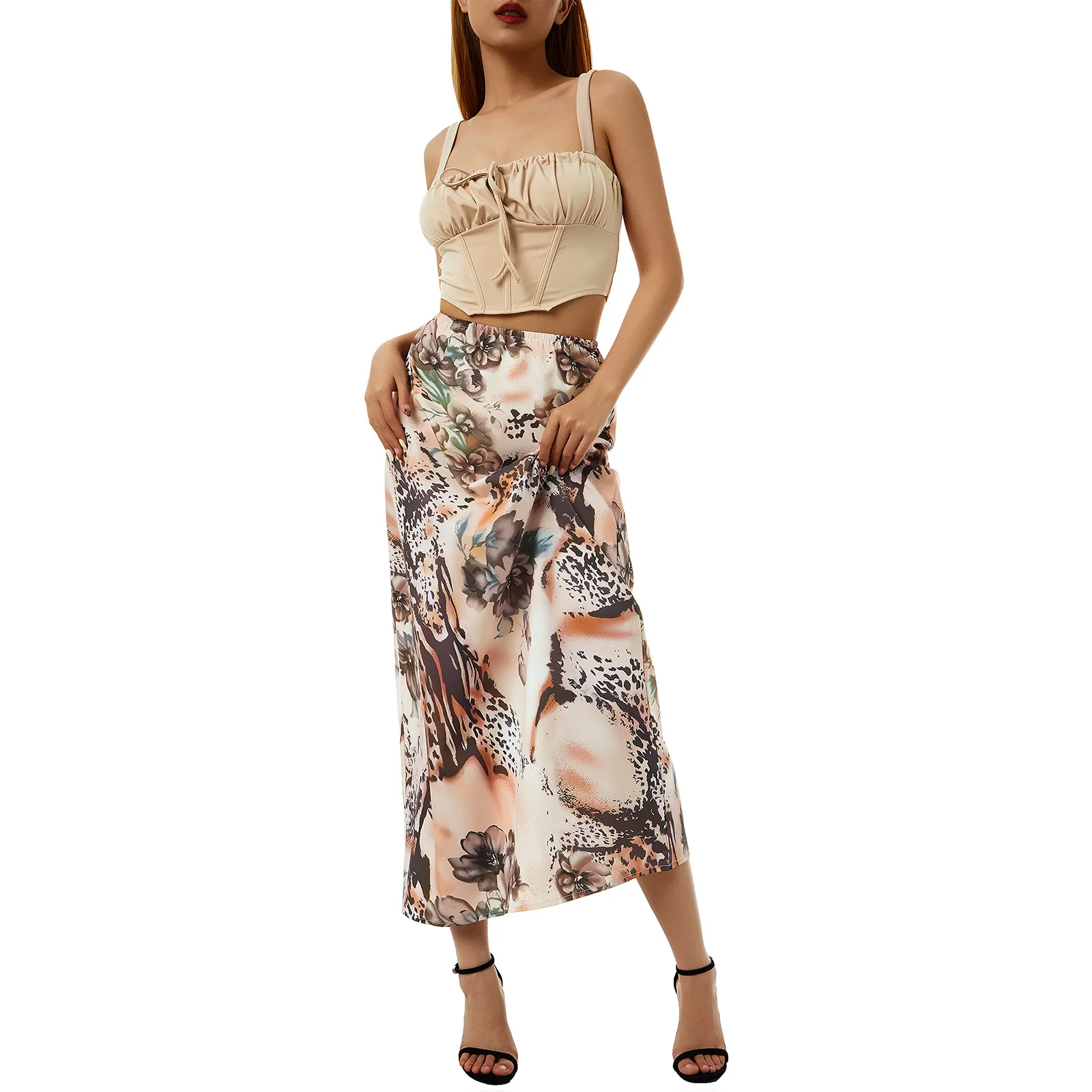 

Women Fashion Mid-Length Skirt Leopard Floral Print Elastic Waist Skirt Summer Casual Chic Pencil Skirt