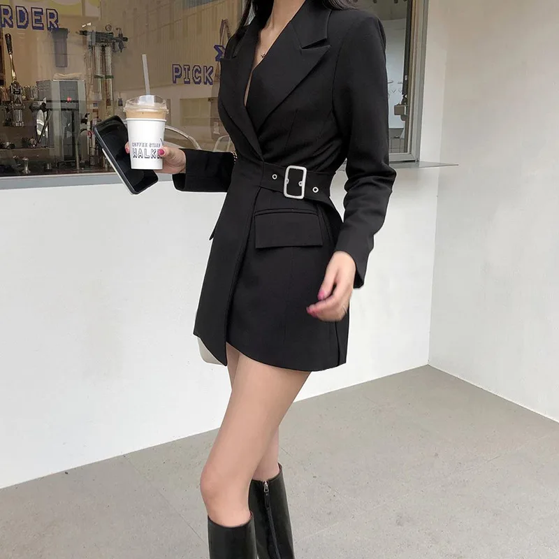 

Black Buttonless Office Blazer with Sashes Business Suit Women Solid Colors Mid Length Spring Autumn New Fashion Blazers Korean