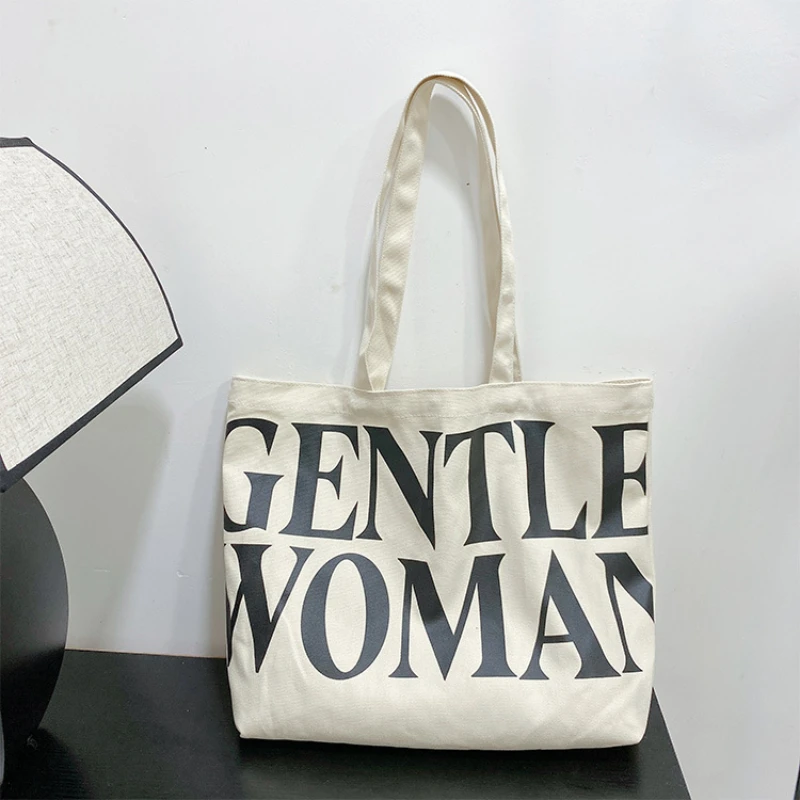 Women Canvas Shoulder Bags GENTLEWOMAN Letter Tote Handbags Female Casual Large Capacity Cotton Cloth School Travel Shopping Bag