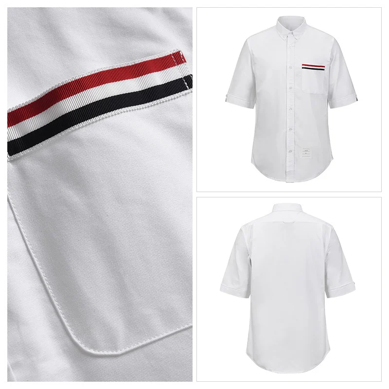 

TB THOM Shirt Top Brand Striped Pocket Men's Clothing Summer Casual Oxford Slim Short Sleeve Korean Fashion High Quality