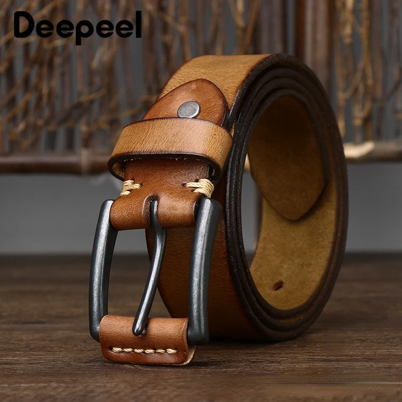 Deepeel 3.8cm Wide Retro Genuine Leather Belt 105-125cm Men's Pin Buckle Head Layer Cowhide Waistband Casual Jeans Youth Belts
