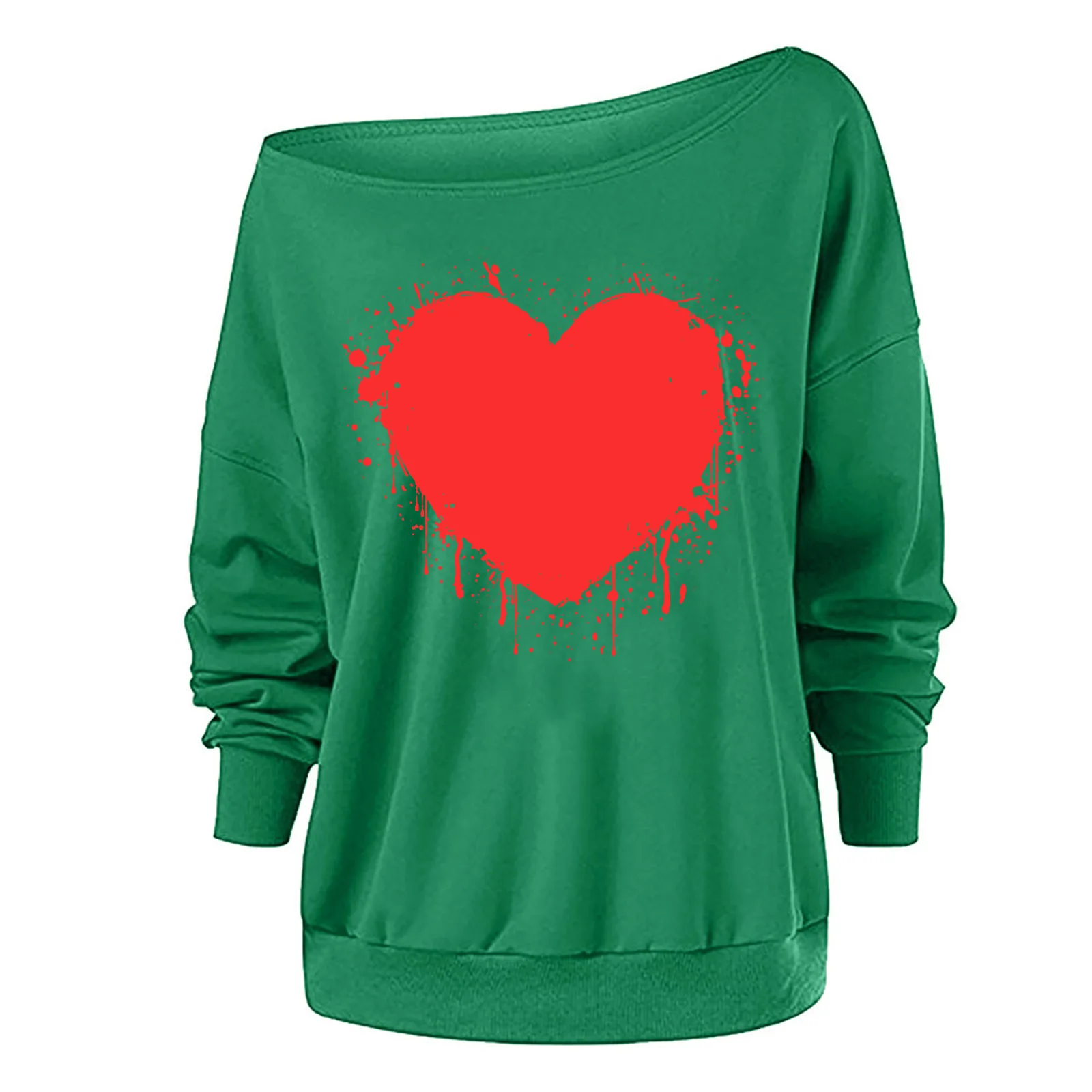 

2022 Spring Valentine Day Fashion Love Printed Top Long Sleeve Women Asymmetrical Neck Casual Loose T-shirt