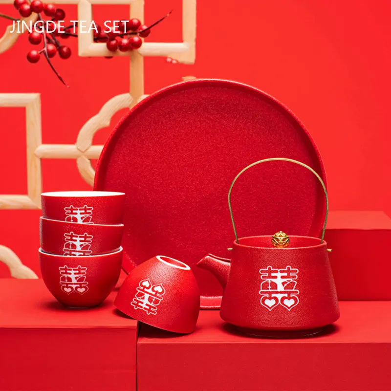 

Красный керамический чайный набор с двойным счастьем, китайские свадебные чайные наборы, чайная чашка, поднос, индивидуальный изысканный фарфоровый чайный сервиз, подарки