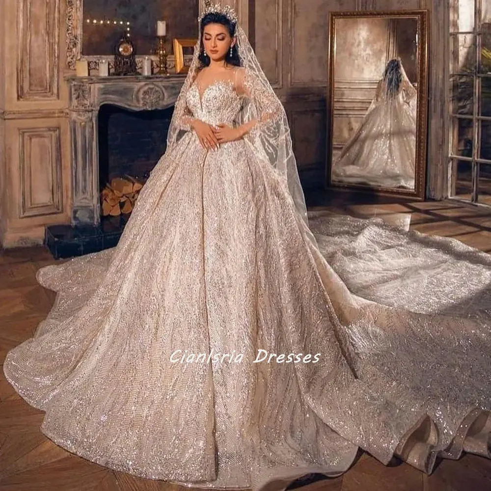 

Luxurious Illusion Long Sleeve Chapel Train Dubai Ball Gown Wedding Dress Sparkly Beading Crystal Saudi Arabic Bridal Gown