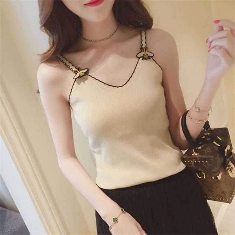 

Streetwear Fashion Tank Vest Backless Halter Casual Vintage Female Women Y2K Elegant Clothing Sexy Summer Bottom Apricot Tops