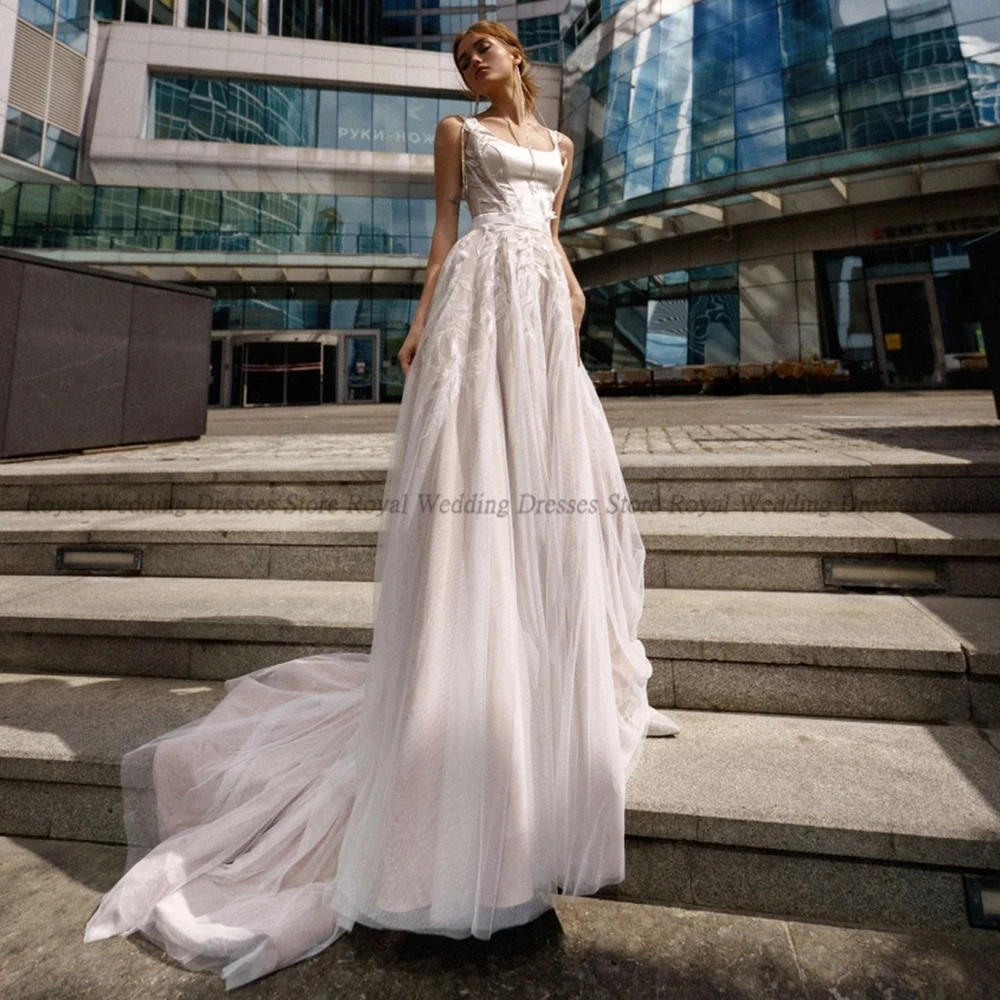 

Fashion A Line Wedding Dresses Draped Applique Open Back Boat Neck Sashes Sleeveless 2022 Summer Floor Length Gowns Robe De Ma