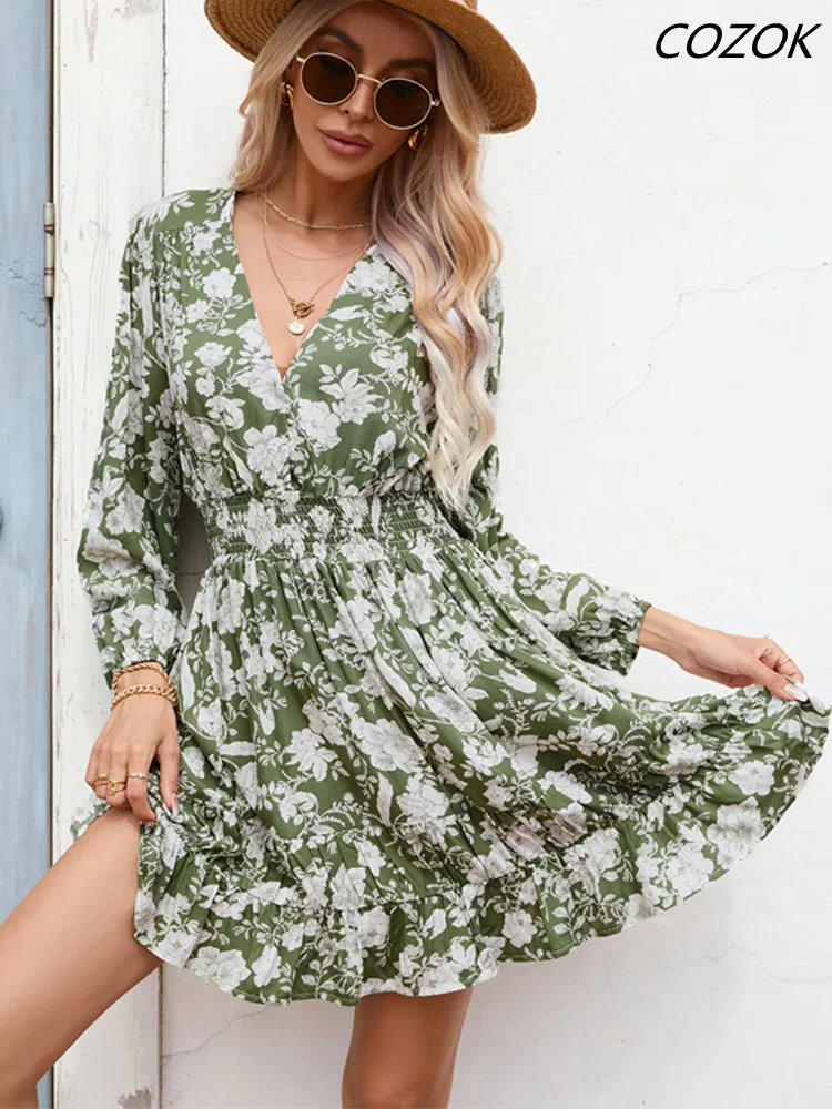 

Sexy V Neck Print Pleated Dress Women Casual Dress Beach Loose Mini Ladies Dresses Summer