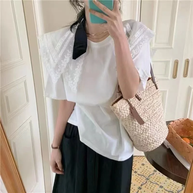 

New T-shirt Women Lace Big Ding Collar Casual Loose Cotton Pullover Commuter Elegant Fashion Top Korea 2022 Spring Summer