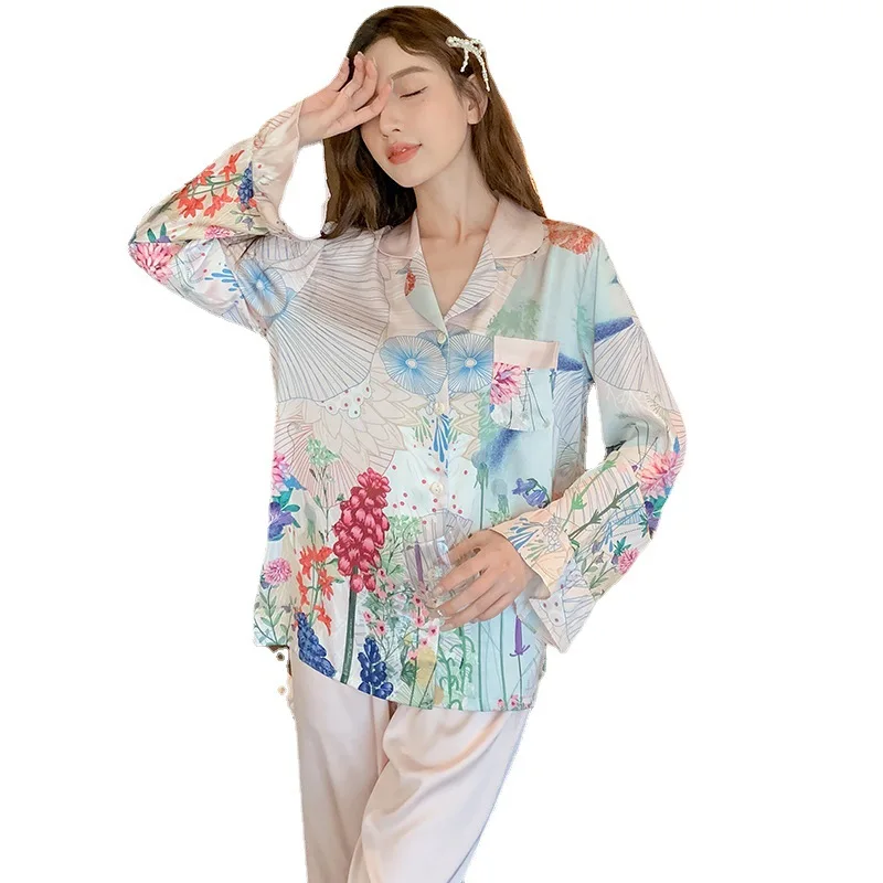 Autumn 2023 Floral Pajamas Women's Silk Long Sleeve Floral Frill Two-Piece Set Thin Homewear Suit