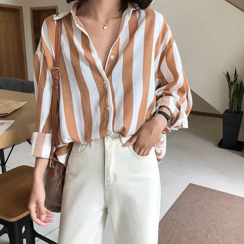 Фото Французские Camisas De Mujer, свободные полосатые офисные женские рубашки с воротником-поло и длинными рукавами, женские корейские модные блузки Femmes, трендовые топы №1