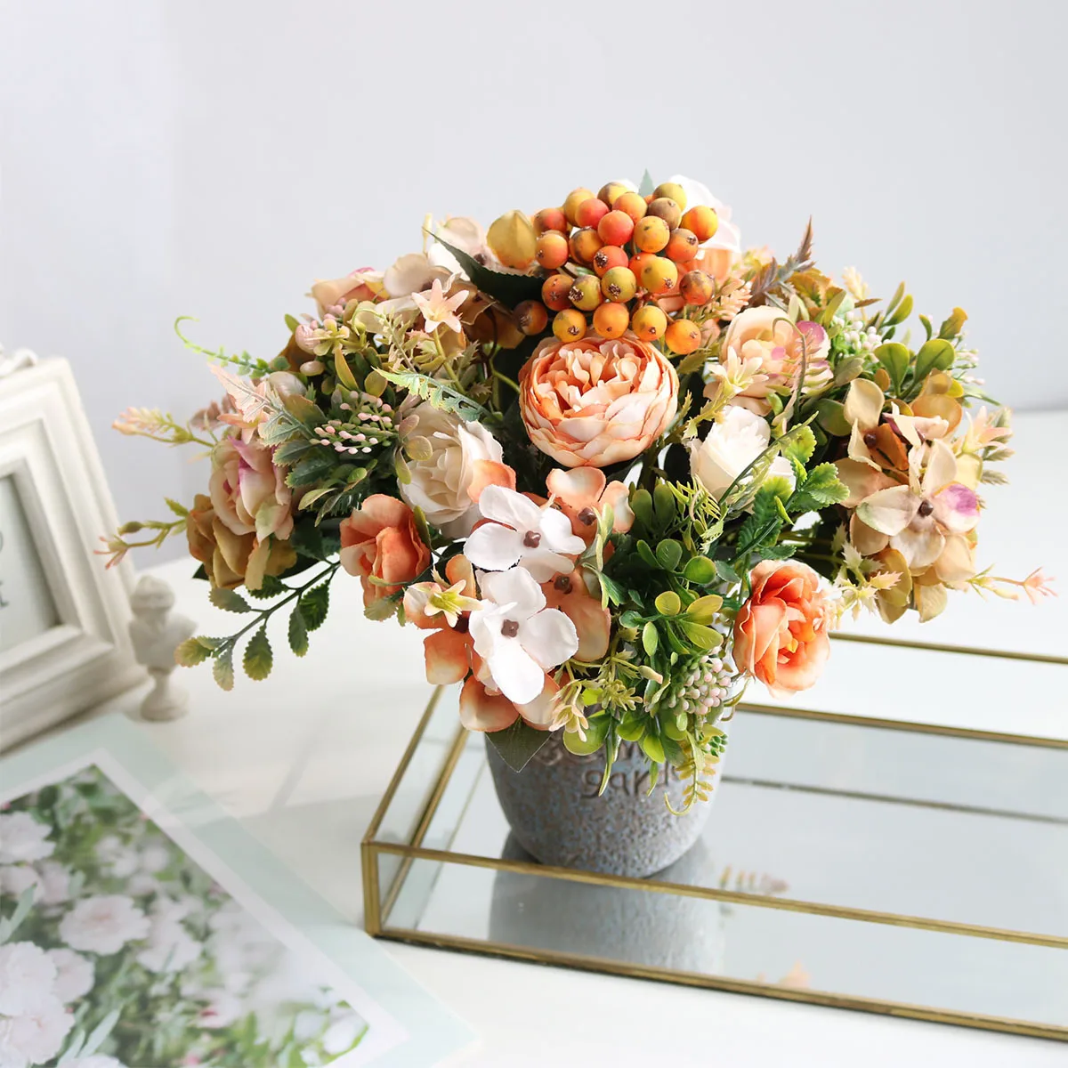 

White Silk Artificial Roses Flowers Wedding Home Autumn Decoration High Quality Big Bouquet Luxury Fake Flower Arrangement Bulk