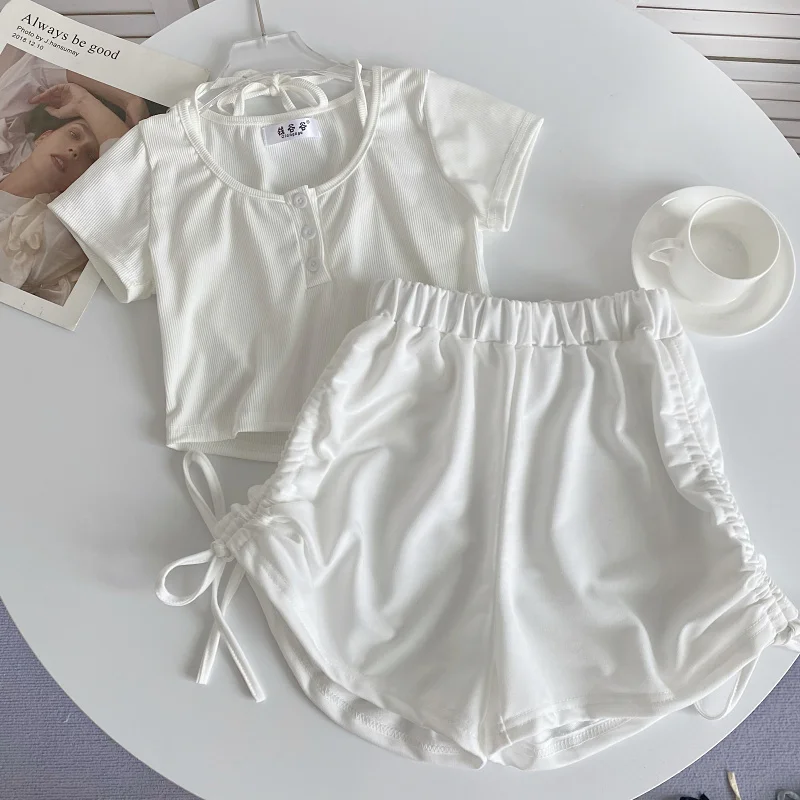 

Casual Two-Piece Set for Women, Hanging Neck, Lace-up, Fake Two Short Sleeved Top, High Waist Drawstring Shorts, Summer Fashion,