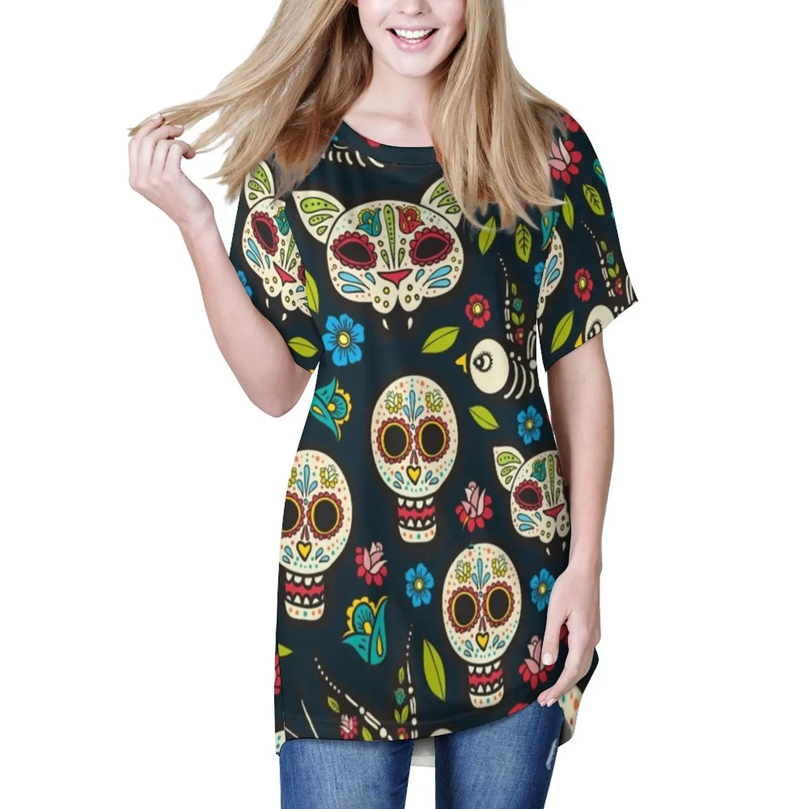 

Футболка в стиле Харадзюку, винтажная свободная Базовая рубашка со скелетом, с цветочным принтом, для отпуска в Мексике, Топ оверсайз с коро...