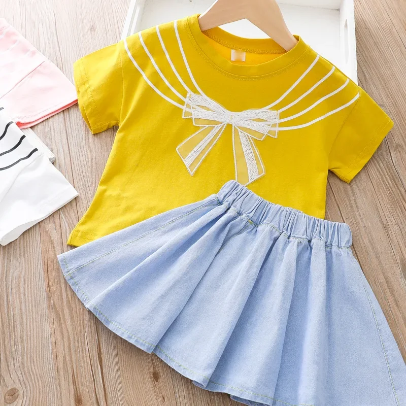 Модный Комплект Детской Одежды Для Девочек — Рубашка С Бантом И Джинсовая Юбка