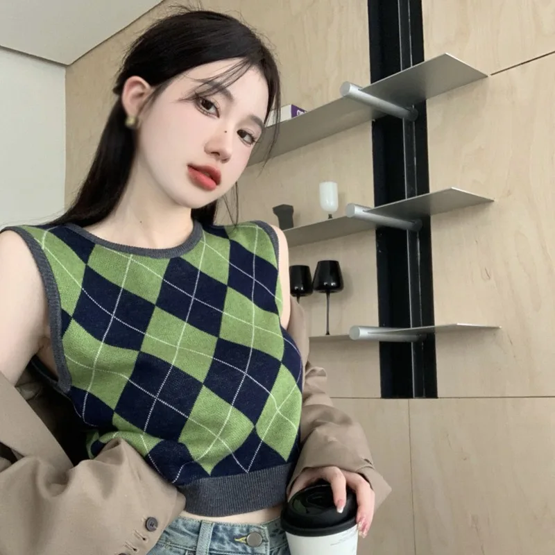 

Женский жилет в клетку, повседневный вязаный базовый топ в студенческом стиле с круглым вырезом