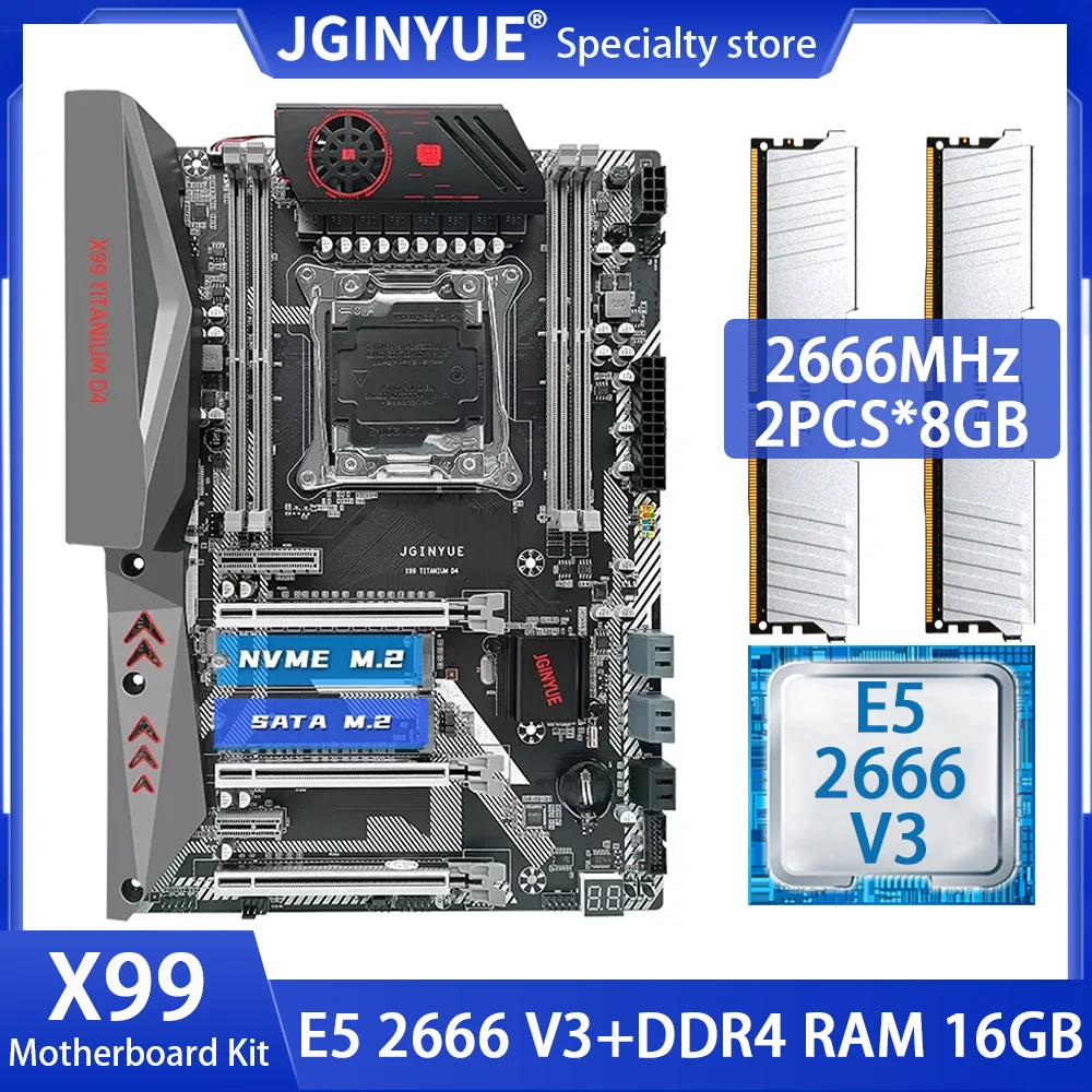 JGINYUE X99 Kit Motherboard LGA 2011-3 Set With E5 2666 V3 CPU Processor And 16GB=8GB*2 DDR4 RAM Memory M.2 NVME X99 TITANIUM D4